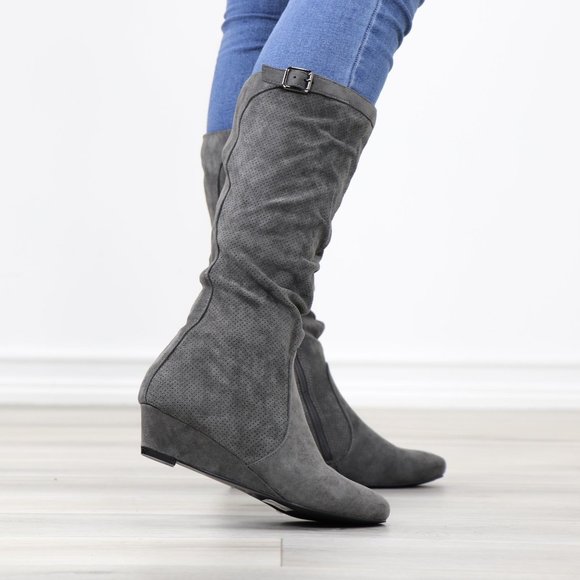 Grey Faux Suede Round Toe Low Kitten Wedge Heel Mid Calf Boots - Picture 5 of 12